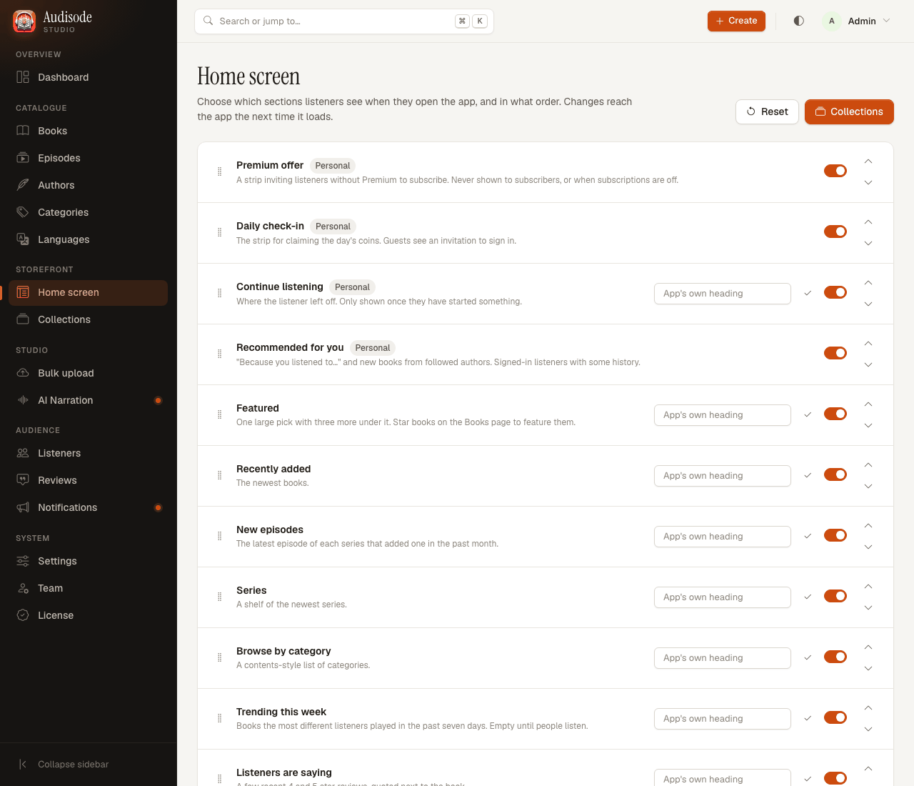 The Home screen page with a list of sections, each with a drag handle, an optional heading field and an on or off switch
