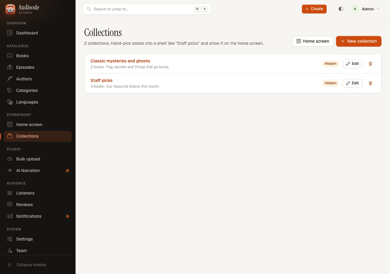 The Collections page with two collections and the books in each