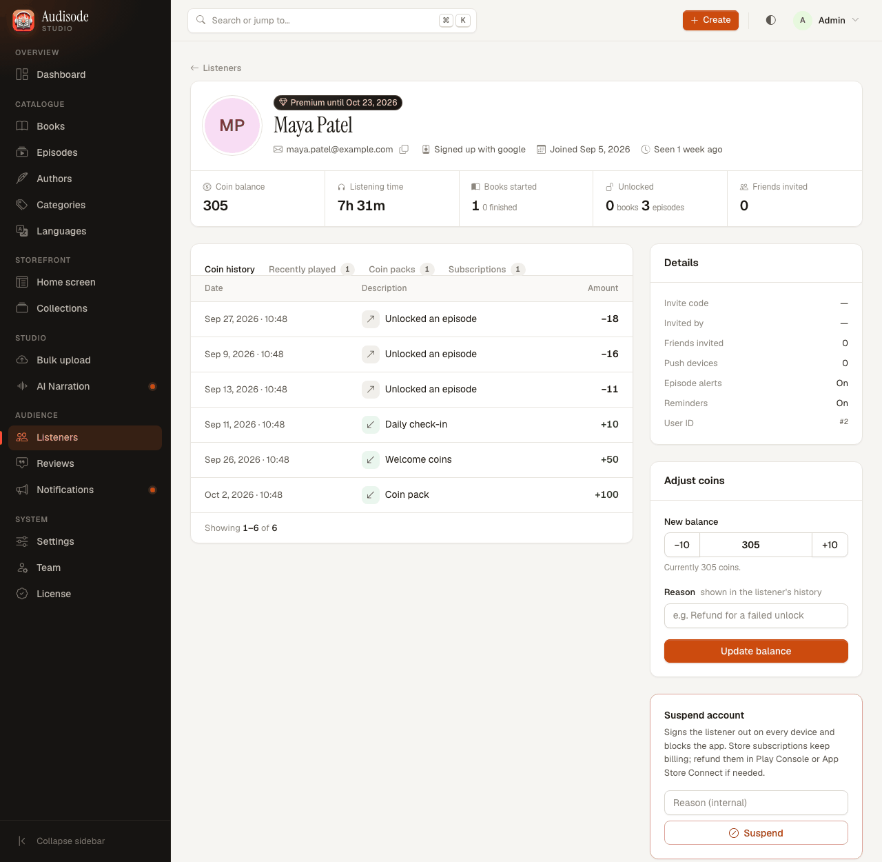 One listener's page with coin balance, listening time, coin history and an Adjust coins form