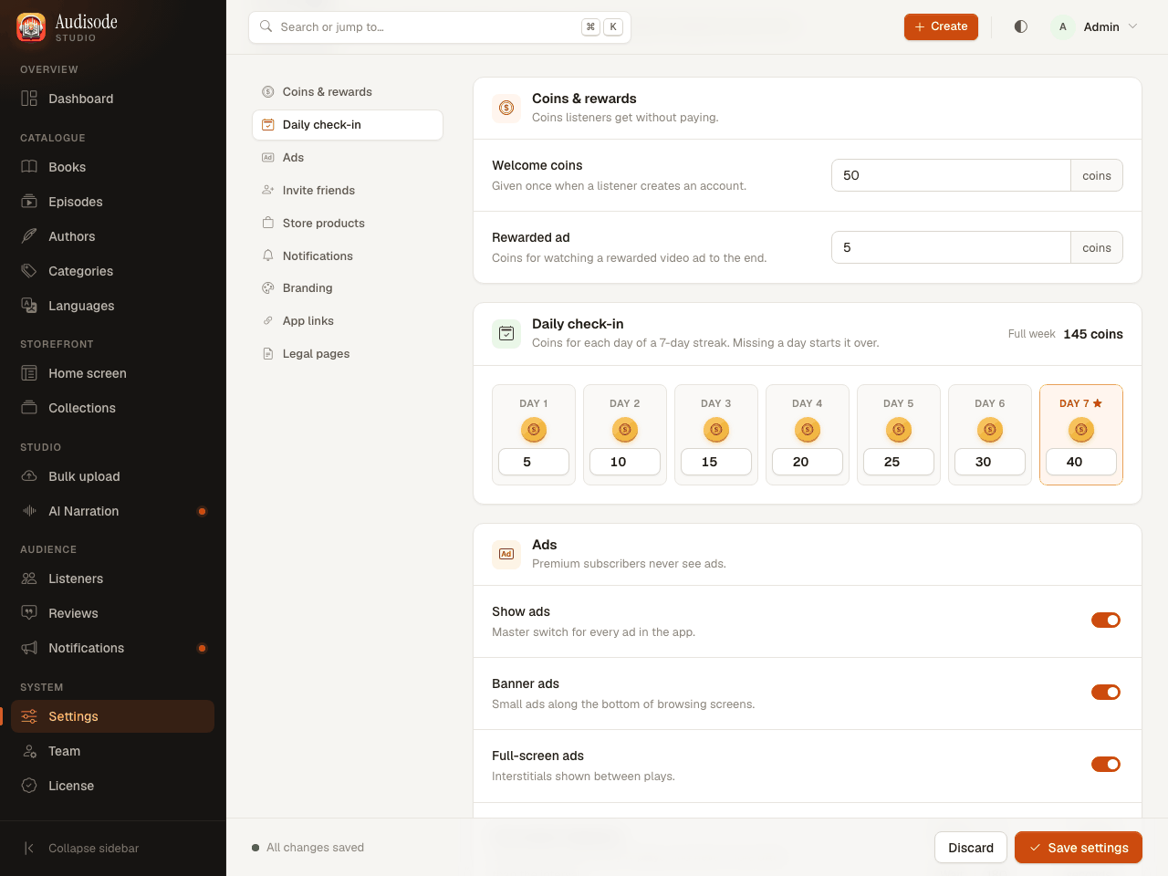 Settings: Welcome coins and Rewarded ad fields, and the Daily check-in seven-day grid
