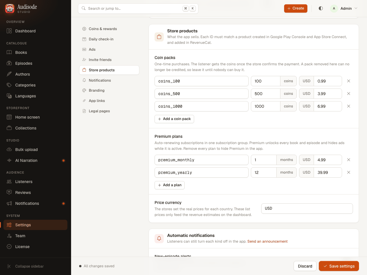 Settings: Store products with coin packs and Premium plans, each with a product ID, coins or months, and a price