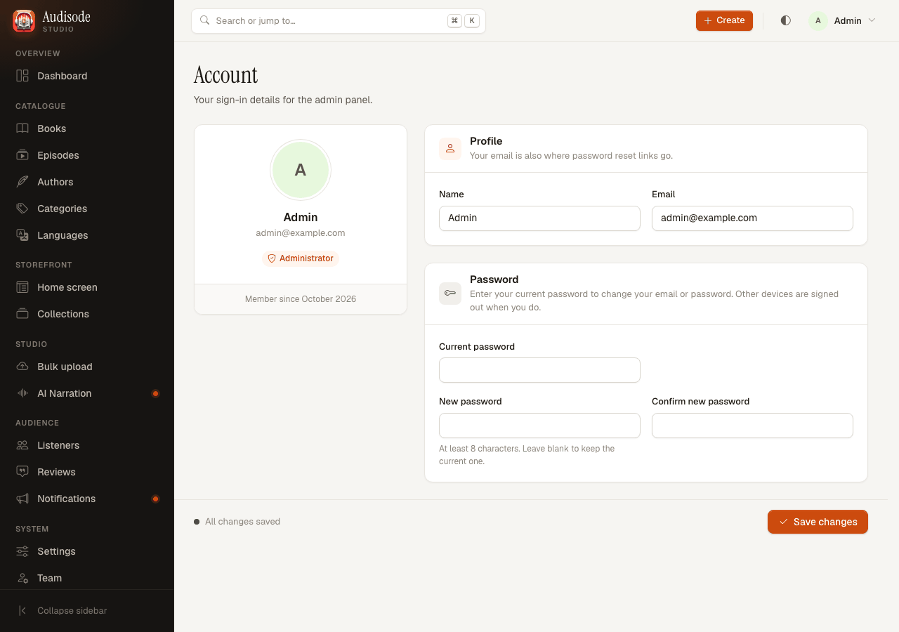 The Account page with profile fields and a change-password form