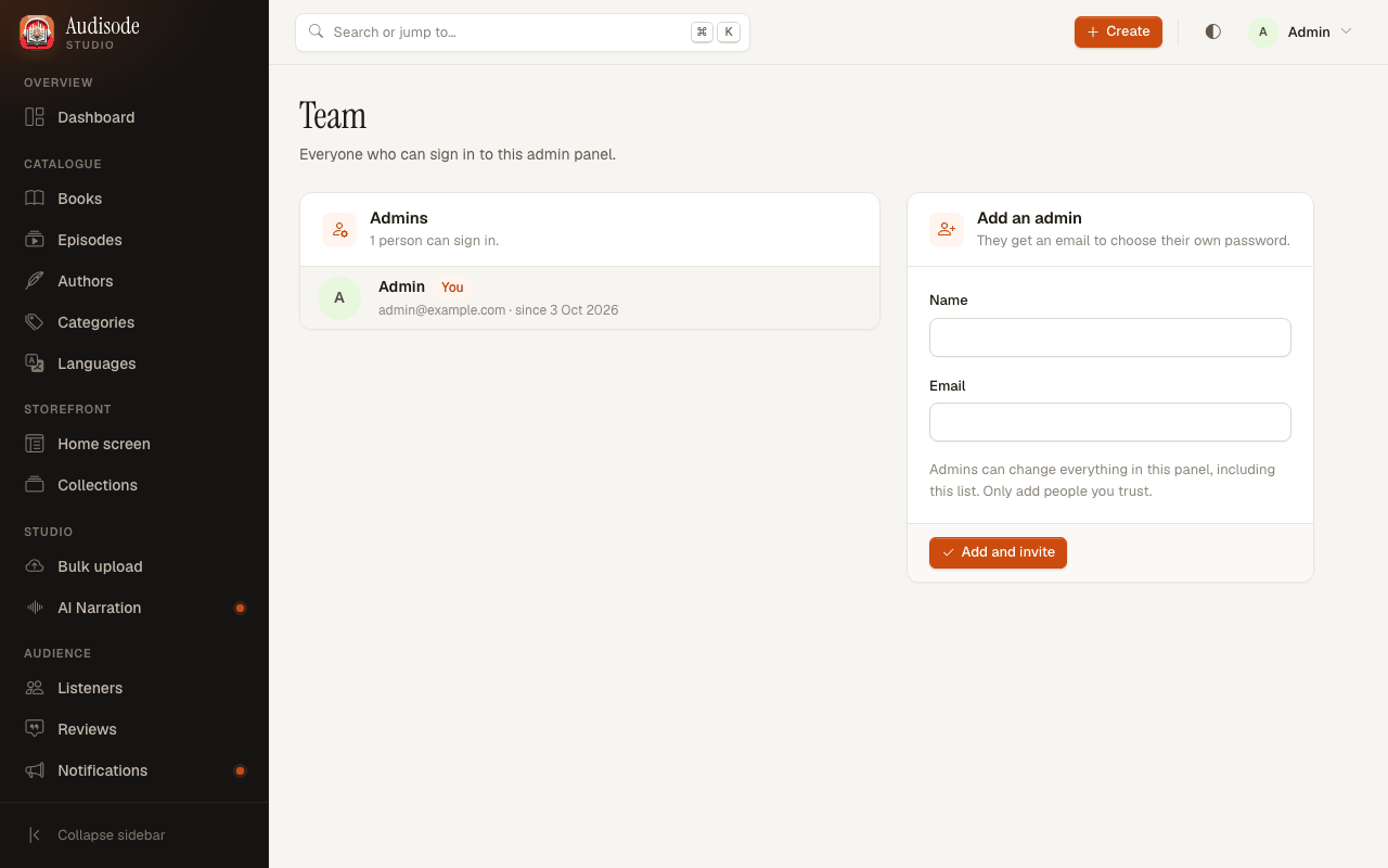 The Team page listing the admins and a form to add an admin