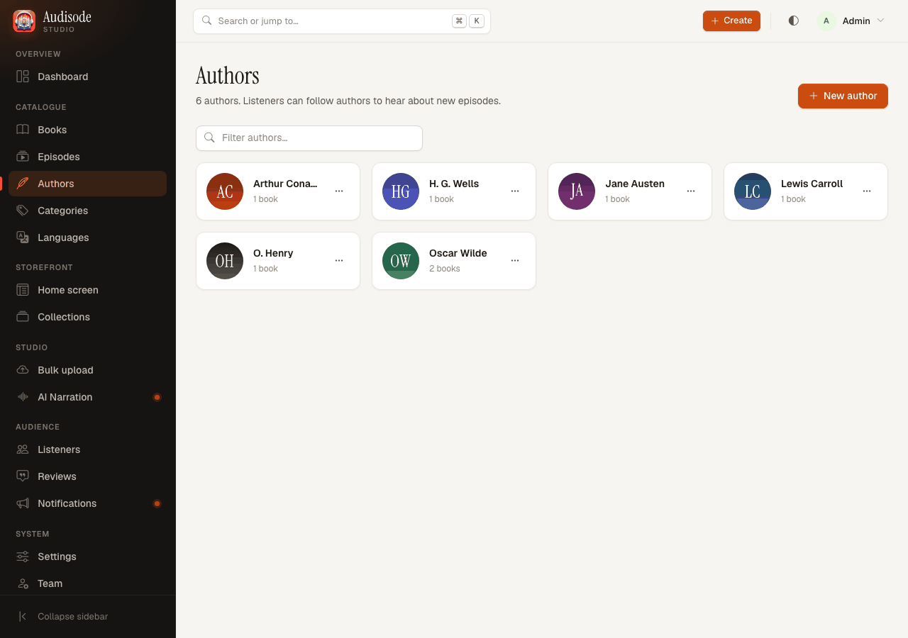The Authors page with each author's photo, name, bio and book count