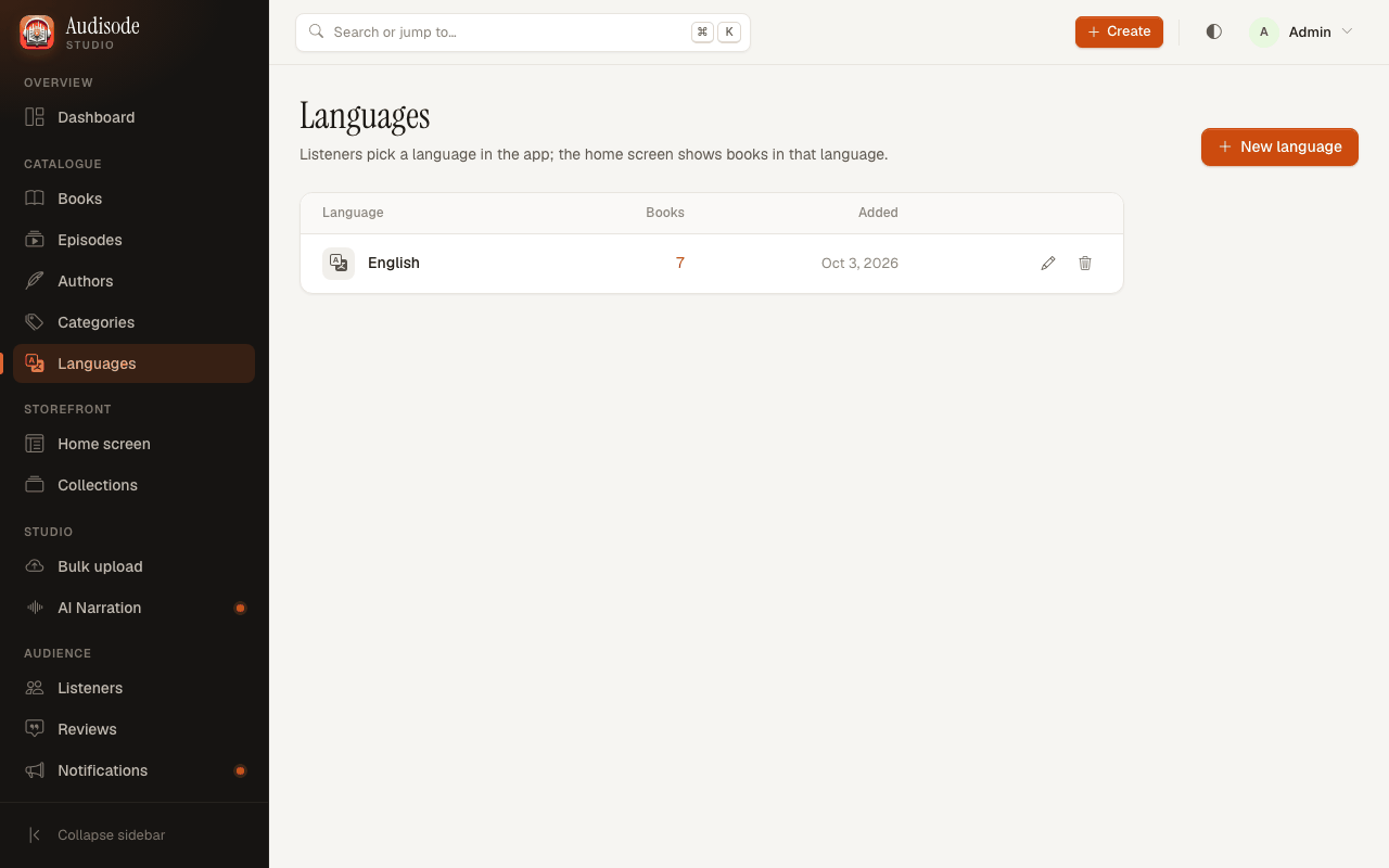 The Languages page with one language