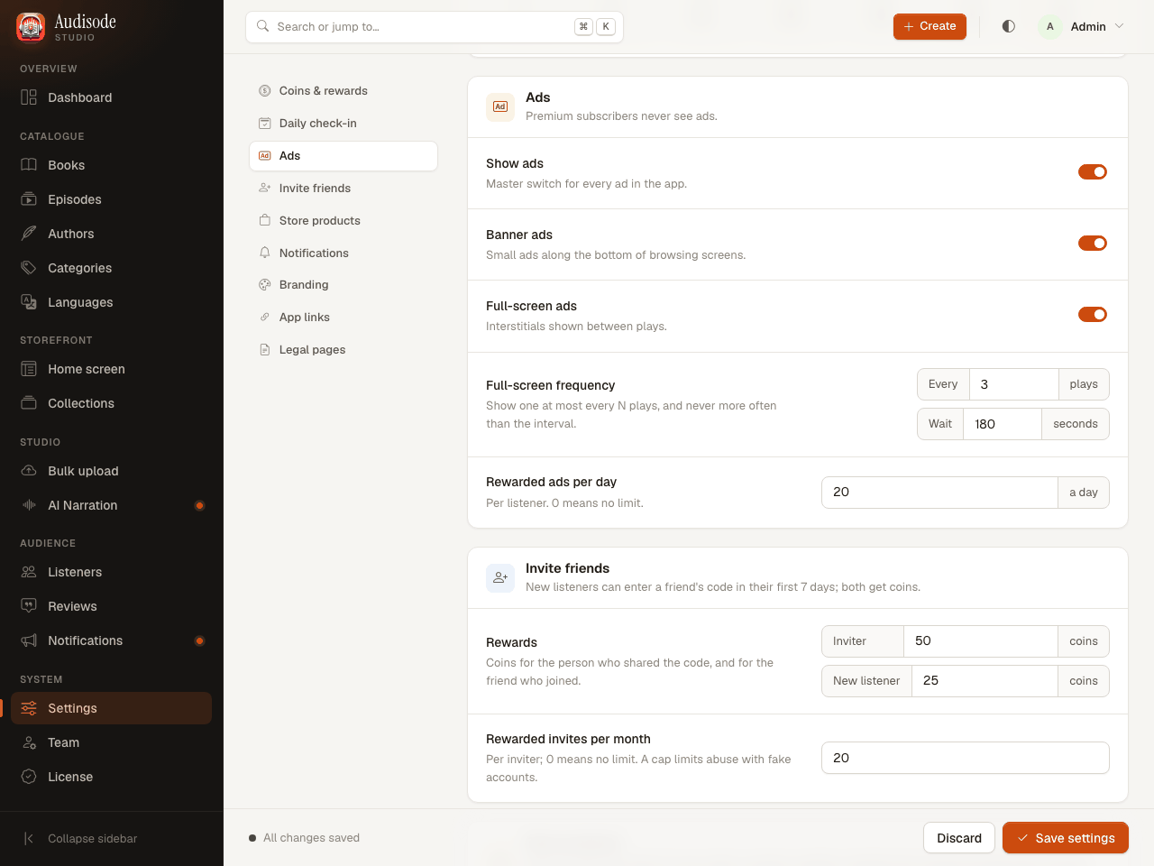 Settings: Ads section with switches for ads, banner ads and full-screen ads, and frequency fields