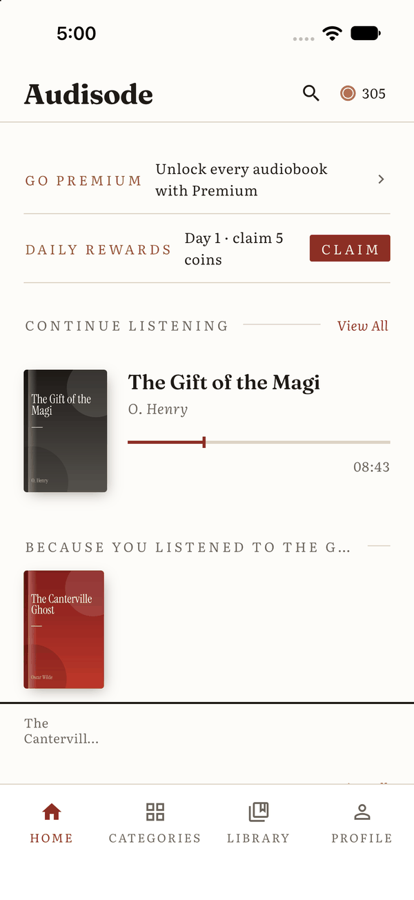 The app's home screen with the daily rewards strip, continue listening and featured books