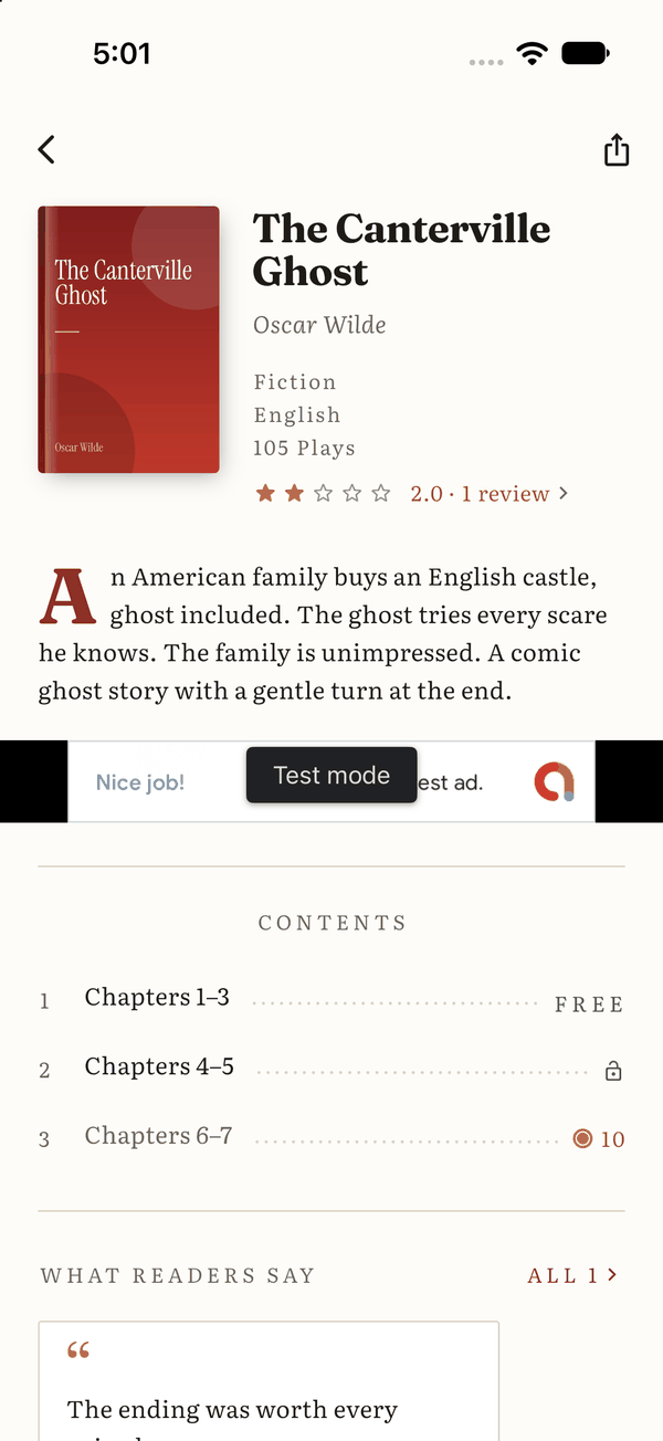 A book page with its cover, rating, summary and the list of episodes with free and priced ones