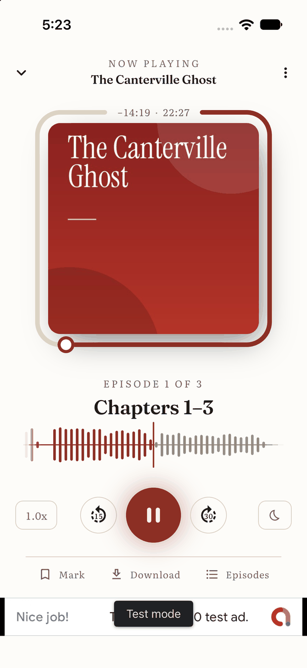 The audio player with a waveform, speed, sleep timer and skip buttons