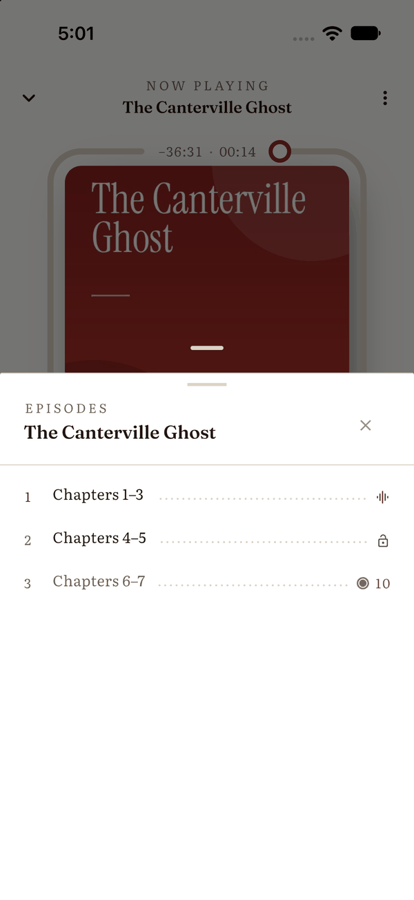 The episode list opened from the player