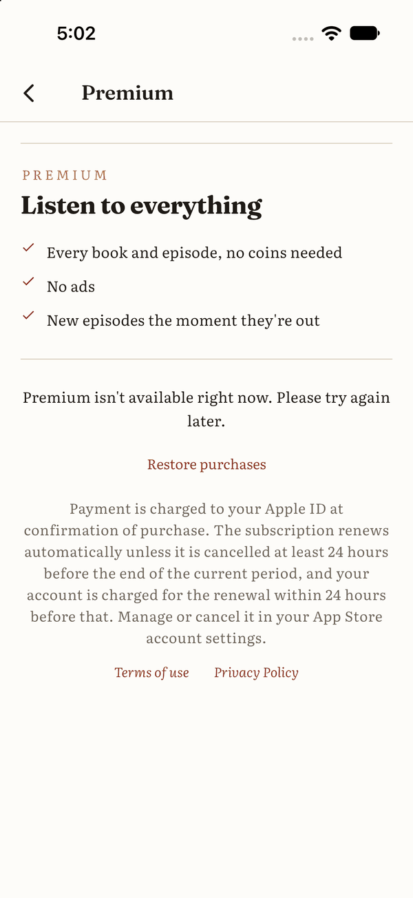 The Premium page showing its benefits and the message that Premium isn't available right now