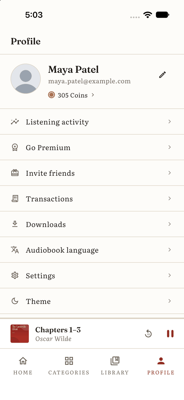 The profile page with coins, activity, invite friends and settings