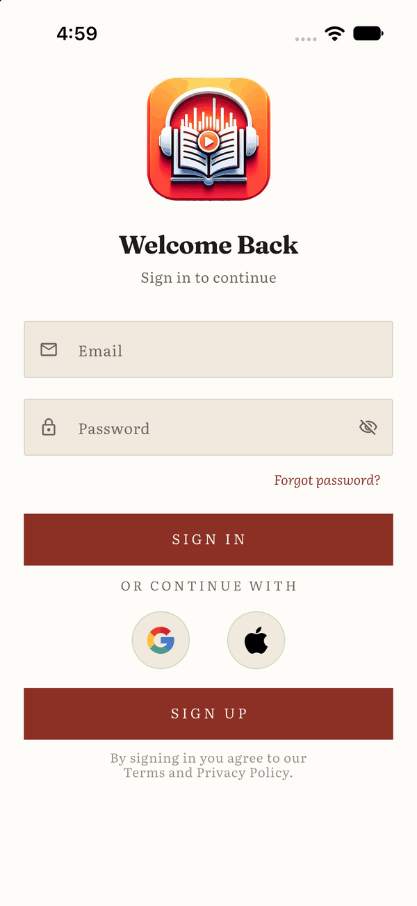 The sign-in page with email, Google and Apple